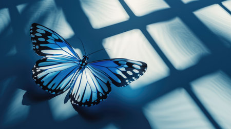 A lifelike blue and white 3D butterfly on a sleek poster background, with light reflections and shadow play.の素材