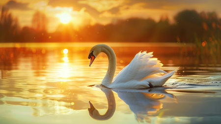 Elegant swan gliding gracefully across a tranquil lake at sunsetの素材