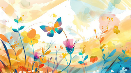 A modern abstract nature scene with colorful spring flowers and butterflies, designed with flowing shapes and bright hues.の素材