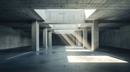 An empty underground parking area with sunlight filtering through skylight portals, illuminating concrete white walls in a modern building.の素材
