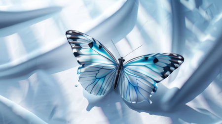 A lifelike blue and white 3D butterfly on a sleek poster background, with light reflections and shadow play.の素材