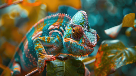 Chameleon in brilliant close-up, showcasing its ability to change colors. A tropical wildlife wonder captured in detail.の素材