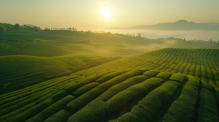 Drone flying over a vast tea field at sunrise, capturing the first light illuminating the neatly arranged rows of tea plants, with morning mist risingの素材
