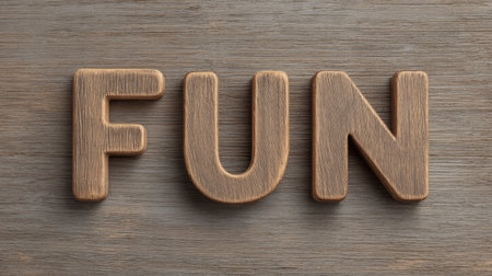 This image features wooden letters that spell out the word "FUN" against a textured wood surface, creating a playful and inviting atmosphere for various creative projects.の素材