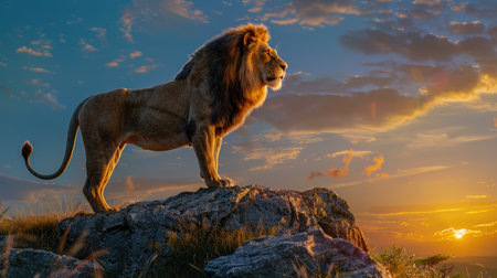 Majestic lion standing on a rocky ledge, overlooking the savannah at sunrise.の素材