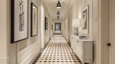Elegant hallway with black and white tile floor, featuring a sleek white cabinet against one wall and framed art on the other, illuminated by modern pendant lightsの素材