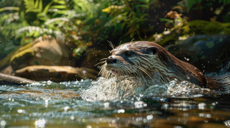 Playful otter swimming in a clear, bubbling stream, surrounded by lush greenery.の素材