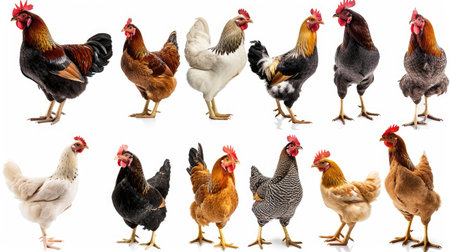 An array of chickens displaying natural behaviors, from preening to pecking, on a pure white background.の素材