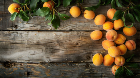 Sun-kissed apricot fruits arranged with care on a natural wooden background, inviting admiration for their lusciousness and natural allure.の素材