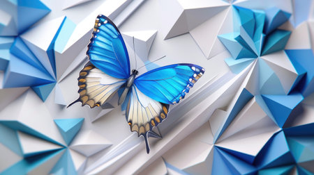 3D butterfly in shades of blue and white, perched on a contemporary poster background with geometric elements.の素材