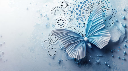 Elegant 3D butterfly in blue and white on a sophisticated poster background, featuring subtle gradients and textures.の素材