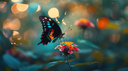Vibrant butterfly perched on a flower, with blurred garden background creating a dreamy effect.の素材