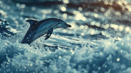 Playful dolphin leaping out of the ocean waves, sparkling water droplets all around.の素材