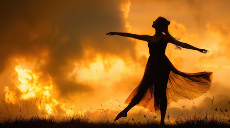Celebrate the beauty of dance with a captivating silhouette against a dramatic backdrop.の素材