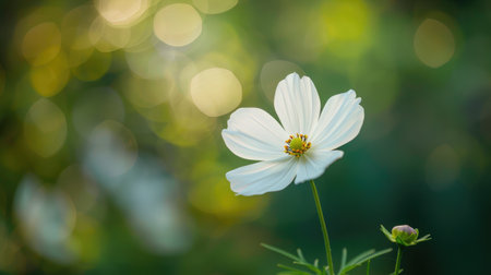 Single white flower against a blurred background, representing purity and innocence in its simplicity.の素材
