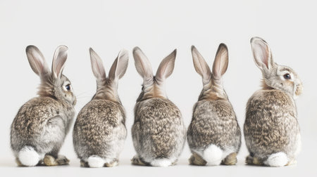 Cute rabbits in multiple poses, showcasing their fluffy tails and long ears against a clean white background.の素材