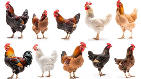 Chickens in various poses, standing, pecking, and flapping their wings against a clean white backgroundの素材