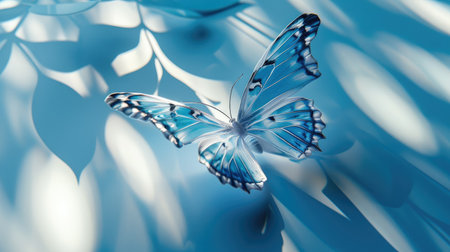 A lifelike blue and white 3D butterfly on a sleek poster background, with light reflections and shadow play.の素材