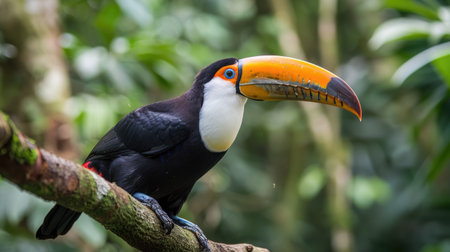 Toco Toucan (Ramphastos toco) in the dense Amazon rainforest, highlighting the vibrant wildlife of the Americasの素材