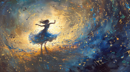 A festive painting of a young girl dancing gracefully among swirling musical notes, capturing the music festival's energy.の素材