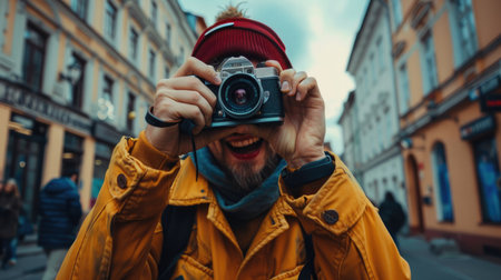 Enthusiastic character with a cool film camera, urban background for World Photography Dayの素材