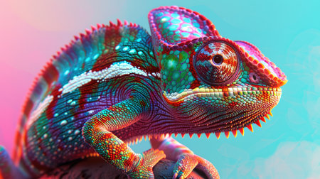 Detailed shot of a chameleon in brilliant colors, capturing the beauty of this tropical animal as it changes shades.の素材