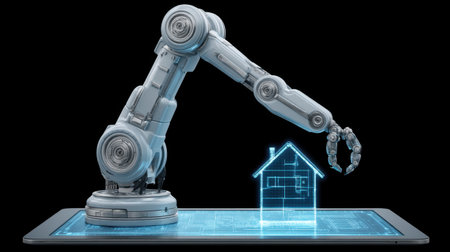 A futuristic robotic arm showcases technology and automation with a digital representation of a house, symbolizing advancements in smart living and home improvement.の素材