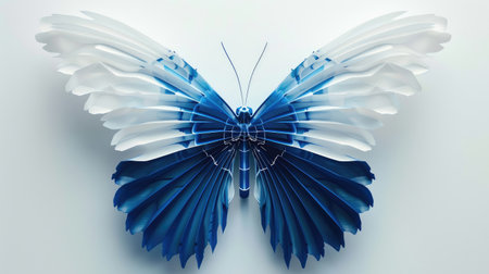 Beautiful blue and white 3D butterfly on a clean, minimalist poster background, highlighting its intricate wing details.の素材