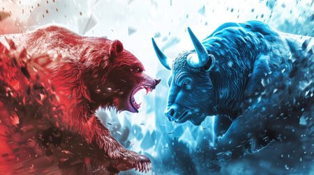 A powerful bear in red fighting a resilient bull in blue, set against a backdrop of a stock market graphの素材