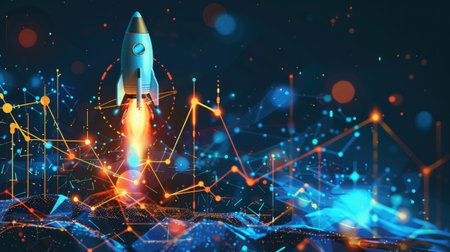 A rocket flying alongside a rising Bitcoin graph with growing lines, illustrating the cryptocurrency's growth. AI generative illustrationの素材