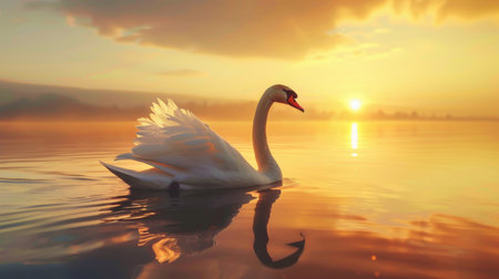 Elegant swan gliding gracefully across a tranquil lake at sunsetの素材