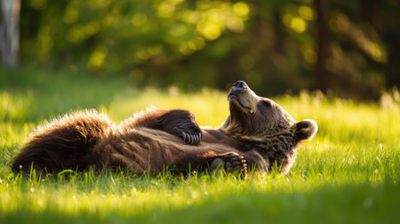 A bear lying on its back in a grassy meadow, looking relaxed and content under the sunの素材