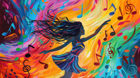 Capture the essence of a music festival with a vibrant painting of a girl dancing amidst swirling musical notesの素材