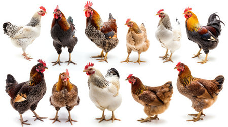 A variety of chickens perched, pecking, and exploring on a bright white background, each showcasing a unique poseの素材