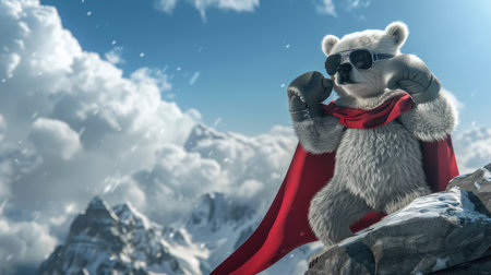 A bear with black sunglasses, a red cape, and boxing gloves, standing triumphantly on a mountain peak.の素材