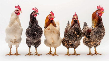 Close-up of chickens in different stances, highlighting their unique features against a white background.の素材
