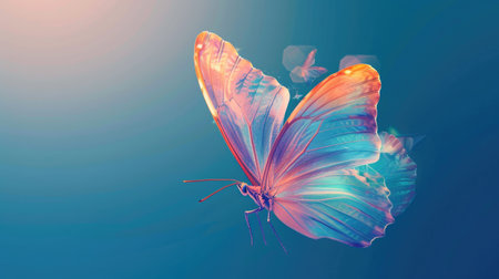 A digital illustration of a butterfly, its wings intricately detailed, floating gracefully on a serene blue background.の素材