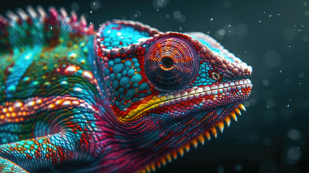 Detailed shot of a chameleon in brilliant colors, capturing the beauty of this tropical animal as it changes shades.の素材