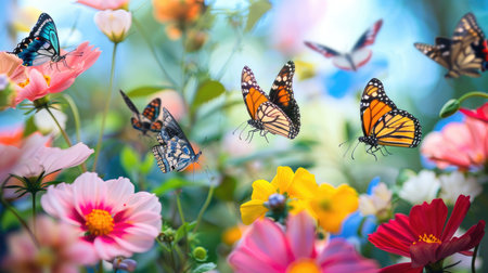 Butterflies dancing around garden flowers, representing the transformation and positive impact on mental health.の素材