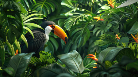 Toco Toucan in its natural habitat, perched amidst the lush foliage of the Amazon rainforest.の素材