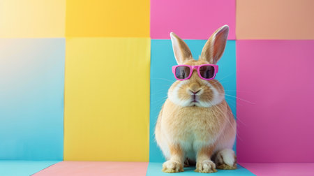 Hip bunny with chic sunglasses posed against a vivid, colorful backdrop, combining fashion and fun.の素材