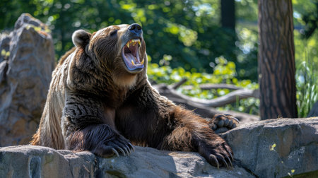 A bear stretching and yawning, showing its teeth and massive paws in a candid moment.の素材