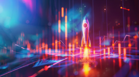A rocket flying next to a rising Bitcoin chart and increasing lines, showcasing rapid market growth. AI generative illustrationの素材