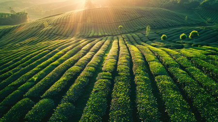 Aerial view of a drone in action over lush tea fields at sunrise, the sun casting long shadows across the meticulously maintained rows of tea plantsの素材