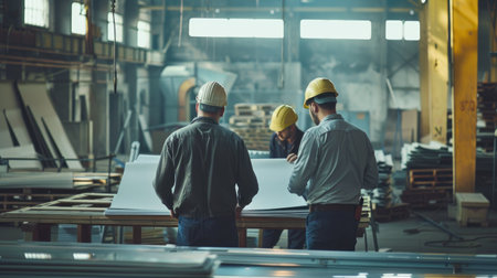 Construction engineers with designer team at build site, reviewing interior renovation plans in an industrial workshop environment, ensuring precisionの素材