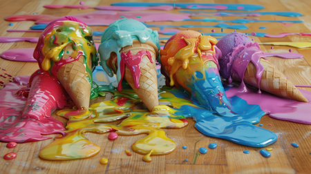 Savour the delicious messiness of colorful ice cream cones melting onto a warm wooden surfaceの素材