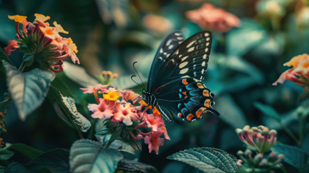 Butterfly feeding on a flower, surrounded by an array of blooming plants in a gardenの素材