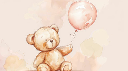 Adorable watercolor teddy bear cuddles a balloon in a charming illustration set, perfect for your whimsical designs.の素材