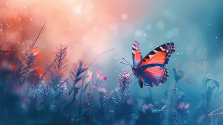 A serene digital artwork of a butterfly, with vibrant colors and delicate features, against a soft blue backdrop.の素材
