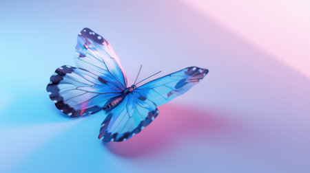 A 3D butterfly with blue and white wings gracefully positioned on a sleek poster background, with a soft gradient and shadow effectsの素材